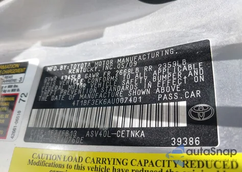 2010 Toyota Camry Se/Le/Xle from USA, damaged, VIN 4T1BF3EK6AU007401